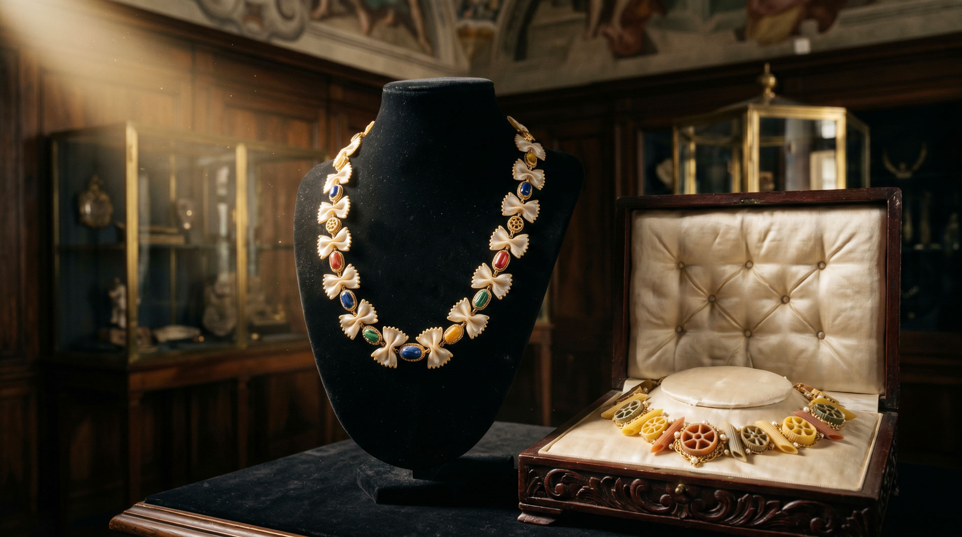 image de collier de nouille de haut standing sur des écrins premium dans un musée